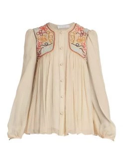 Chloé Pleated Swirl-Embroidered Blouse