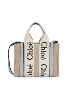 Chloé Mini Woody Linen Tote White Brown