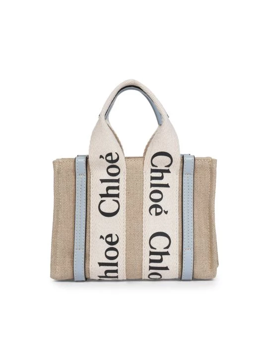 Chloé Mini Woody Linen Tote White Brown 6 Chloé Mini Woody Linen Tote White Brown - Image 4