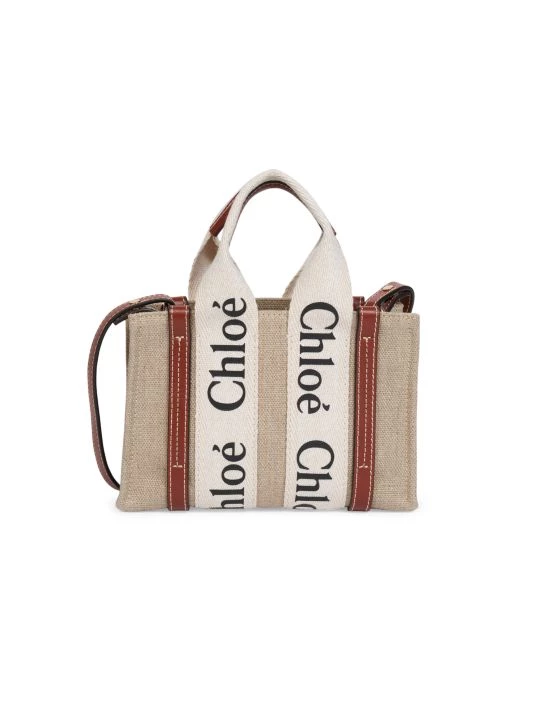 Chloé Mini Woody Linen Tote White Brown 9 Chloé Mini Woody Linen Tote White Brown - Image 7