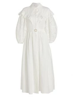 Chloé Belted Puff-Sleeve Linen Midi-Dress